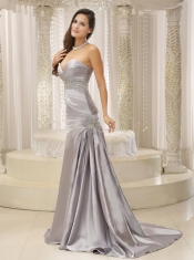 Prom Dress Modest Satin and Ruched Bodice Beaded Decorate Waist