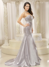 Prom Dress Modest Satin and Ruched Bodice Beaded Decorate Waist