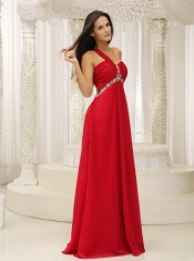 Prom Dress One Shouder Red and Natural Waist Ruched Appliques Chiffon