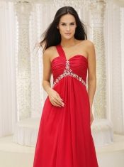 Prom Dress One Shouder Red and Natural Waist Ruched Appliques Chiffon