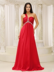 Prom Dress One Shouder Red and Natural Waist Ruched Appliques Chiffon