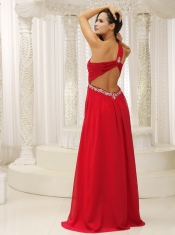 Prom Dress One Shouder Red and Natural Waist Ruched Appliques Chiffon