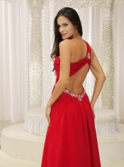 Prom Dress One Shouder Red and Natural Waist Ruched Appliques Chiffon