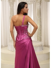 Prom Dress One Shoulder Beaded Decorate Bodice Satin