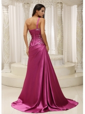 Prom Dress One Shoulder Beaded Decorate Bodice Satin