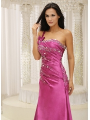 Prom Dress One Shoulder Beaded Decorate Bodice Satin