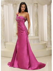 Prom Dress One Shoulder Beaded Decorate Bodice Satin