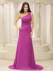 Prom Dress One Shoulder Beaded Decorate Waist Brush Train Chiffon Fuchsia