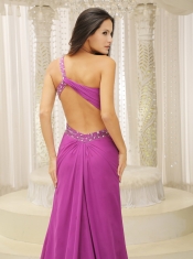 Prom Dress One Shoulder Beaded Decorate Waist Brush Train Chiffon Fuchsia