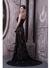 Prom Dress One Shoulder Black Column Brush Train Lace Beading