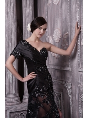 Prom Dress One Shoulder Black Column Brush Train Lace Beading