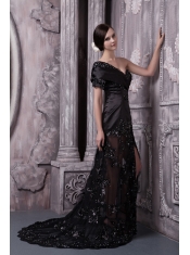 Prom Dress One Shoulder Black Column Brush Train Lace Beading