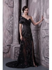Prom Dress One Shoulder Black Column Brush Train Lace Beading