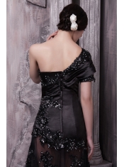 Prom Dress One Shoulder Black Column Brush Train Lace Beading