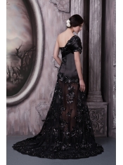 Prom Dress One Shoulder Black Column Brush Train Lace Beading