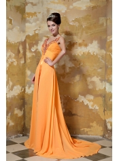 Prom Dress Orange Column V-neck Brush Train Chiffon Beading
