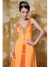 Prom Dress Orange Column V-neck Brush Train Chiffon Beading