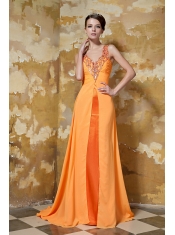 Prom Dress Orange Column V-neck Brush Train Chiffon Beading