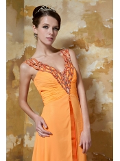 Prom Dress Orange Column V-neck Brush Train Chiffon Beading