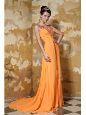 Prom Dress Orange Column V-neck Brush Train Chiffon Beading