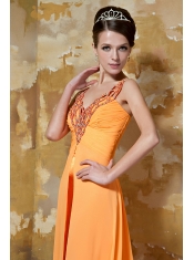 Prom Dress Orange Column V-neck Brush Train Chiffon Beading