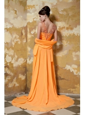 Prom Dress Orange Column V-neck Brush Train Chiffon Beading
