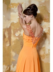 Prom Dress Orange Column V-neck Brush Train Chiffon Beading