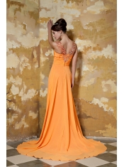 Prom Dress Orange Column V-neck Brush Train Chiffon Beading