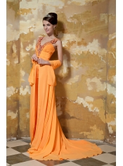 Prom Dress Orange Column V-neck Brush Train Chiffon Beading