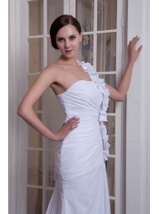 Prom Dress Pretty Column One Shoulder Brush Train Hand Made Flower Chiffon