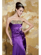 Prom Dress Purple Column Strapless Brush Train Elastic Woven Satin and Leopard Beading