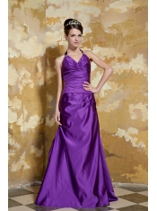 Prom Dress Purple Column V-neck Floor-length Taffeta Beading