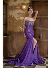 Prom Dress Purple Mermaid Sweetheart Brush Train Chiffon Beading
