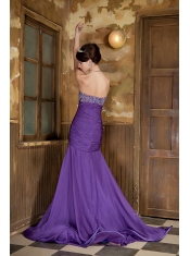 Prom Dress Purple Mermaid Sweetheart Brush Train Chiffon Beading