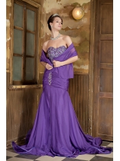 Prom Dress Purple Mermaid Sweetheart Brush Train Chiffon Beading