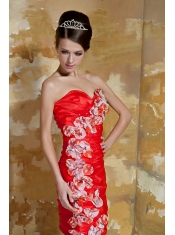 Prom Dress Red Column Sweetheart Mini-length Taffeta Hand Made Flowers