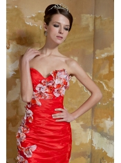 Prom Dress Red Column Sweetheart Mini-length Taffeta Hand Made Flowers