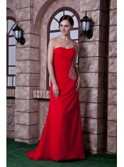 Prom Dress Red Empire One Shoulder Brush Train Chiffon Beading