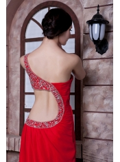Prom Dress Red Empire One Shoulder Brush Train Chiffon Beading