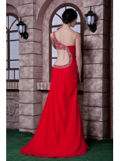 Prom Dress Red Empire One Shoulder Brush Train Chiffon Beading