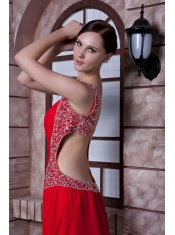 Prom Dress Red Empire One Shoulder Brush Train Chiffon Beading