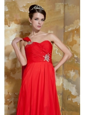 Prom Dress Red Empire One Shoulder Watteau Train Chiffon Beading