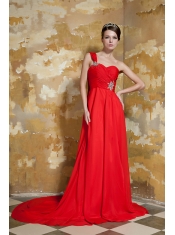 Prom Dress Red Empire One Shoulder Watteau Train Chiffon Beading