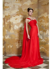 Prom Dress Red Empire One Shoulder Watteau Train Chiffon Beading