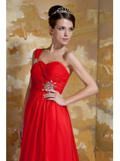 Prom Dress Red Empire One Shoulder Watteau Train Chiffon Beading