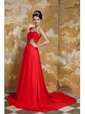 Prom Dress Red Empire One Shoulder Watteau Train Chiffon Beading
