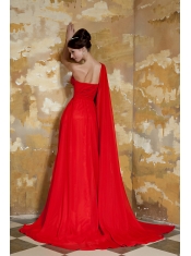 Prom Dress Red Empire One Shoulder Watteau Train Chiffon Beading