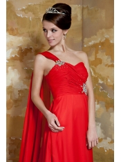 Prom Dress Red Empire One Shoulder Watteau Train Chiffon Beading