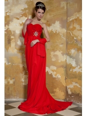 Prom Dress Red Empire One Shoulder Watteau Train Chiffon Beading