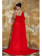 Prom Dress Red Empire One Shoulder Watteau Train Chiffon Beading